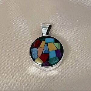 Mexican Round Multicolor Inlay‎ Pendant Sterling Silver Gemstone Mosaic Jewelry